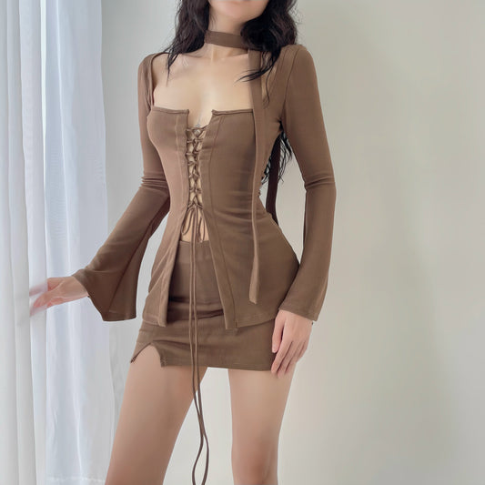 Designed Strap Long Sleeve Top & Mini Skirt Set